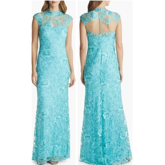 Tadashi Shoji Dresses & Skirts - TADASHI SHOJI Embroidered Sheer Lace Mock Neck Gown Aqua 2 NEW